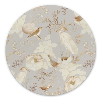 Wandbild Vögel zwischen weißen Blumen - UN Designs - Rund - Alu-Dibond 