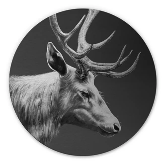 Aluminium Dibond met zilvereffect Hert met gewei zwart en wit - Roberg - Rond Aluminium Dibond met zilvereffect Hert met gewei zwart en wit - Roberg - Rond