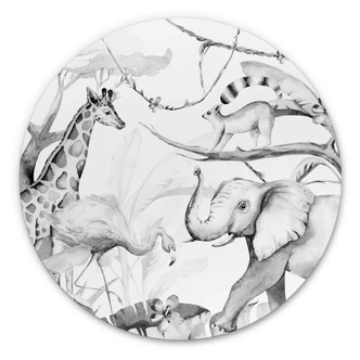 Wandcirkel Kvilis - Dierenvrienden in de Jungle zwart-wit 