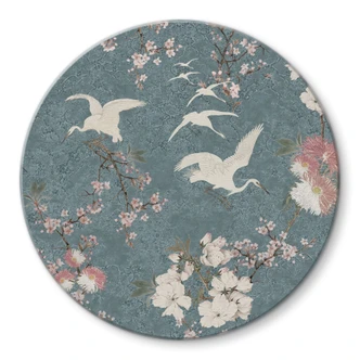 Glasbild Kraniche im Kirschblüten-Rausch Blau - Bloomery Decor - Rund 