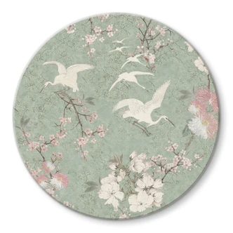 Glasbild Kraniche im Kirschblüten-Rausch Grün - Bloomery Decor - Rund Glasbild Kraniche im Kirschblüten-Rausch Grün - Bloomery Decor - Rund