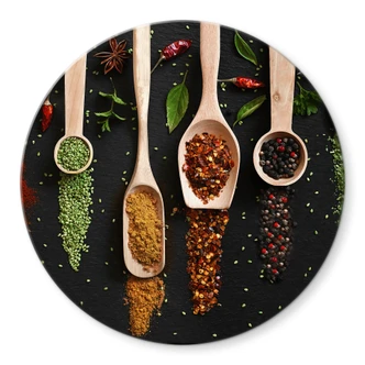 Glasbild Kräuter und Gewürze auf Holzlöffel - Dingemans - Rund Glasbild Kräuter und Gewürze auf Holzlöffel - Dingemans - Rund