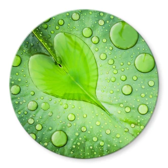 Glasbild Foto - Herz aus Wassertropfen auf grünem Blatt - Rund 