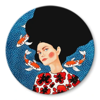 Glasbild Frau im Blütenkleid mit Kois - Hülya - Rund Glasbild Frau im Blütenkleid mit Kois - Hülya - Rund
