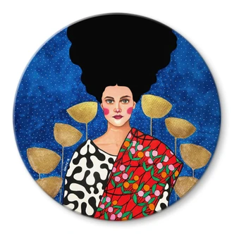 Glasbild Frau im Feld mit goldenen Blättern - Hülya - Rund Glasbild Frau im Feld mit goldenen Blättern - Hülya - Rund