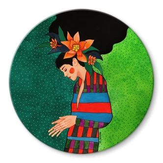 Glasbild Frau im Streifenkleid mit orangen Blüten - Hülya - Rund Glasbild Frau im Streifenkleid mit orangen Blüten - Hülya - Rund