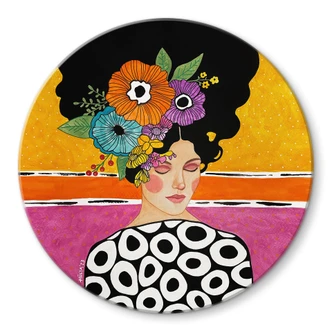 Glasbild Frau mit bunter Blumenkrone - Hülya - Rund Glasbild Frau mit bunter Blumenkrone - Hülya - Rund