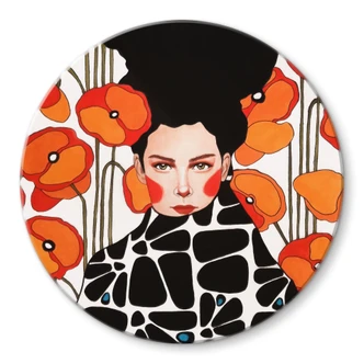 Glasbild Frau mit Retro-Mohnblumen - Hülya - Rund Glasbild Frau mit Retro-Mohnblumen - Hülya - Rund