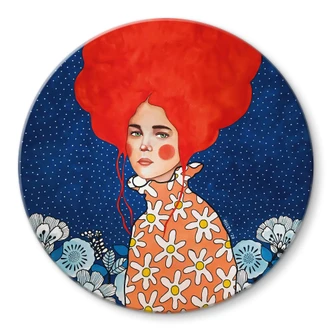 Glasbild Frau mit rotem Haar und Blüten - Hülya - Rund Glasbild Frau mit rotem Haar und Blüten - Hülya - Rund