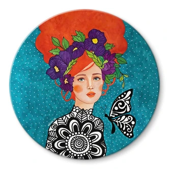 Stampa su vetro Donna farfalla con corona di fiori - Hülya - Rotondo Stampa su vetro Donna farfalla con corona di fiori - Hülya - Rotondo