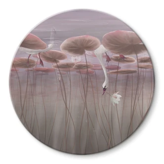 Glasschilderijen Lotusbloemen met zwaan in water in donkerroze - Ms Tiff - Rond 