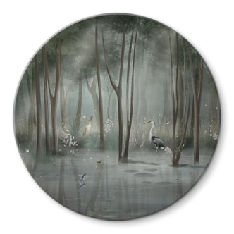 Glasbild Nebelwald am See mit Reiher in Grün - Ms Tiff - Rund 