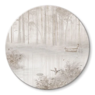 Glasbild Wald am See im Nebel in Beige - Ms Tiff - Rund 