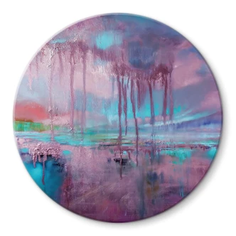 Glasbild Violetter Regen über blauem Dunst - Schmucker - Rund Glasbild Violetter Regen über blauem Dunst - Schmucker - Rund