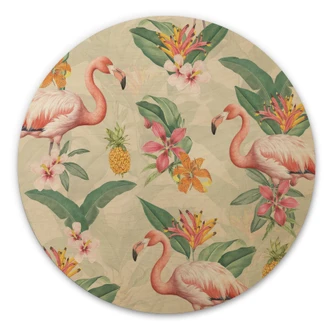 Trätavla flamingo och tropiska blad - Blomstersmycke - Dekor - Rund 