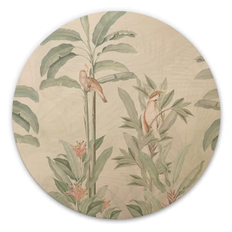 Trätavla Tropisk skog med kakaduor - Blomstersmycke Dekor - Rund 