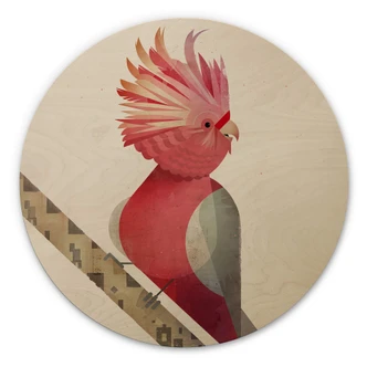 Brązowy obraz drewniany - Różowy kakadu - Okrągły 