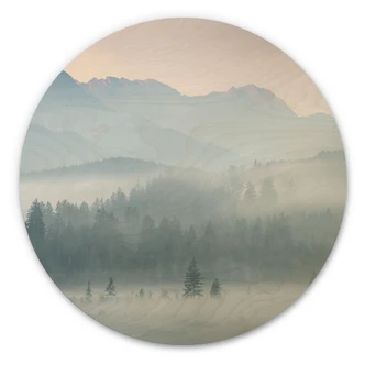 Tableau sur bois Paysage forestier brumeux en automne - Eisenmann - Rond 