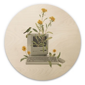 Holzbild Vintage Botanik-Computer - Frida Floral Studio - Rund 