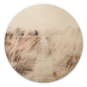 Holzbild Verträumte Landschaft mit Holzsteg - Imaginative - Rund 