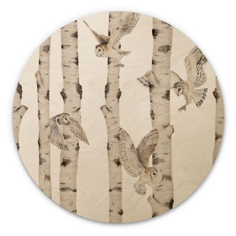 Tableau en bois Hiboux dans la forêt de bouleaux - Kikki Belle - Rond 