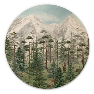 Obraz drewniany zwierzęta leśne w zielonym alpejskim lesie - Kikki Belle - Okrągły 
