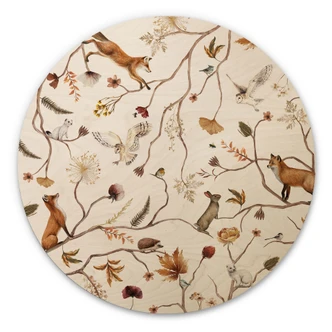 Cuadro de madera de animales del bosque en otoño - Kikki Belle - Redondo 