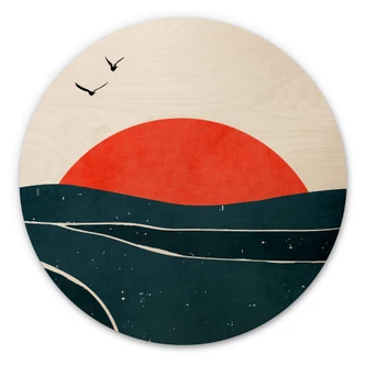 Væg cirkel træ Kubistika - Sunset and Birds 