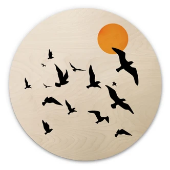 Holzbild Zugvögel auf dem Weg in den Süden - Kubistika - Rund Holzbild Zugvögel auf dem Weg in den Süden - Kubistika - Rund