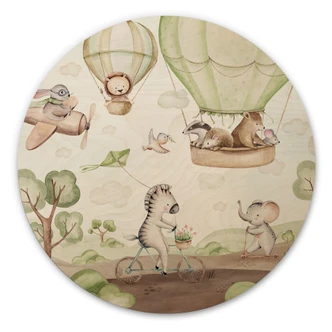 Obraz drewniany Lot balonem przyjaciół zwierząt - Kvilis - Okrągły 