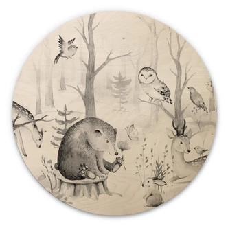 Obraz drewniany Kvilis - Przyjaciele zwierząt w lesie czarno-biały - Okrągły 