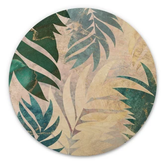 Tableau sur bois Feuilles de palmier exotiques en or-vert - Manovski - Rond 