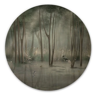 Cuadro de madera bosque nuboso en el lago con garza en verde - Ms Tiff - Round 