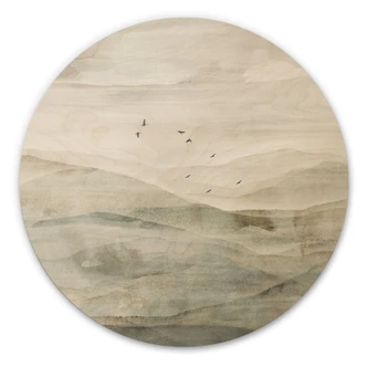 Holzbild Neblige Berglandschaft Aquarell - Ms Tiff - Rund 