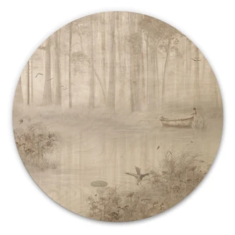 Houten Wanddecoratie bos bij het meer in beige mist - Ms Tiff - Rond 