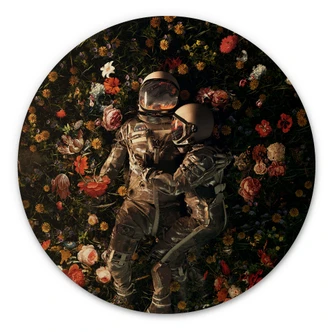 Wandcirkel Hout Astronauten op een bloemenweide - Nicebleed 