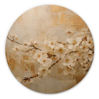 Holzbild Blütenzweig auf Vintage-Gold - Paksoylu - Rund Holzbild Blütenzweig auf Vintage-Gold - Paksoylu - Rund