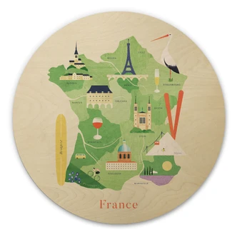 Houten Wanddecoratie kaart van Frankrijk - Rivers - Rond 