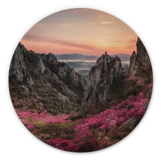 Tableau sur bois rond Seo - Paysage rocheux au coucher du soleil 