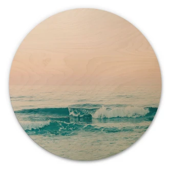 Wandcirkel Hout Blauwe zee ontmoet roze lucht in Griekenland - Sisi & Seb 