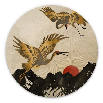 Holzbild SpaceFrog Designs - Goldene Kraniche - Rund Holzbild SpaceFrog Designs - Goldene Kraniche - Rund