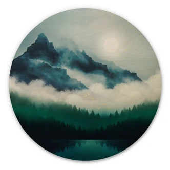 Holzbild Neblige Landschaft in der Nacht - SpaceFrog Designs - Rund 