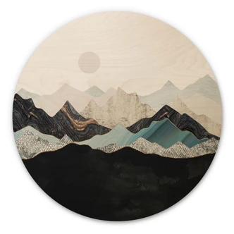 Holzbild Ruhige Berglandschaft in der Dämmerung - SpaceFrog Designs - Rund 