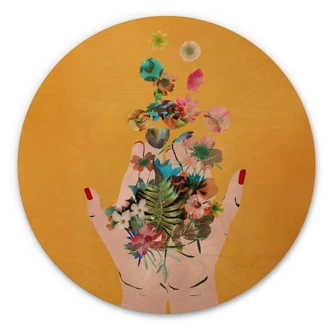 Tableau sur bois rond Treechild - Colorful flowers in Frida's hands 