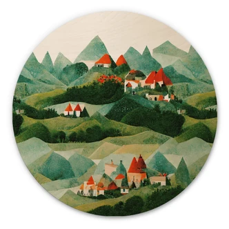 Trätavla Treechild - Liten by mitt bland gröna kullar - Rund Trätavla Treechild - Liten by mitt bland gröna kullar - Rund