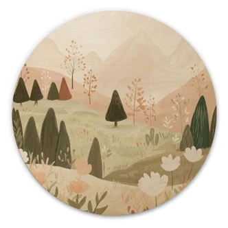Tableau sur bois Pastel Paysage de montagne avec fleurs - Treechild - Rond Tableau sur bois Pastel Paysage de montagne avec fleurs - Treechild - Rond