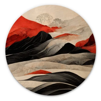 Holzbild Treechild - Rote Berge im Japandi Stil - Rund 