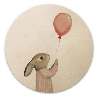 Tableau sur bois Lapin mignon avec ballon - Treechild - Rond Tableau sur bois Lapin mignon avec ballon - Treechild - Rond