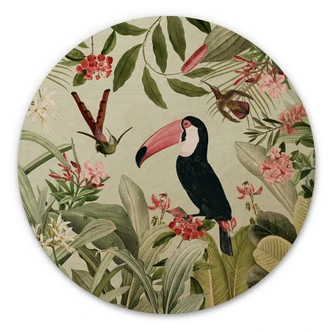 Cuadro de madera tucán en la selva paradisíaca - Diseños ONU - Redondo 