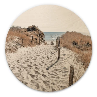 Tableau sur bois rond L'attente de la plage 